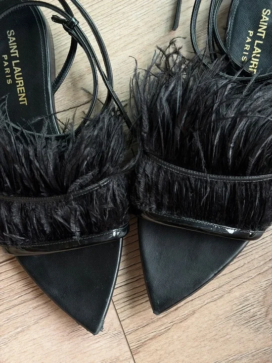 Saint Laurent Ostrich Black Feather-Trim Pointed sandals - Picture 6 of 17
